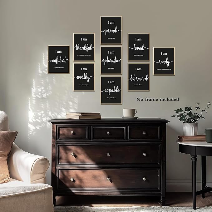 MJONG 9 Piece Inspirational Motivational Wall Art Prints – Unframed Black White Positive Affirmations for Office Classroom Bedroom Dorm or Teen Room Decor, Canvas‑Style Posters 8×10 inch