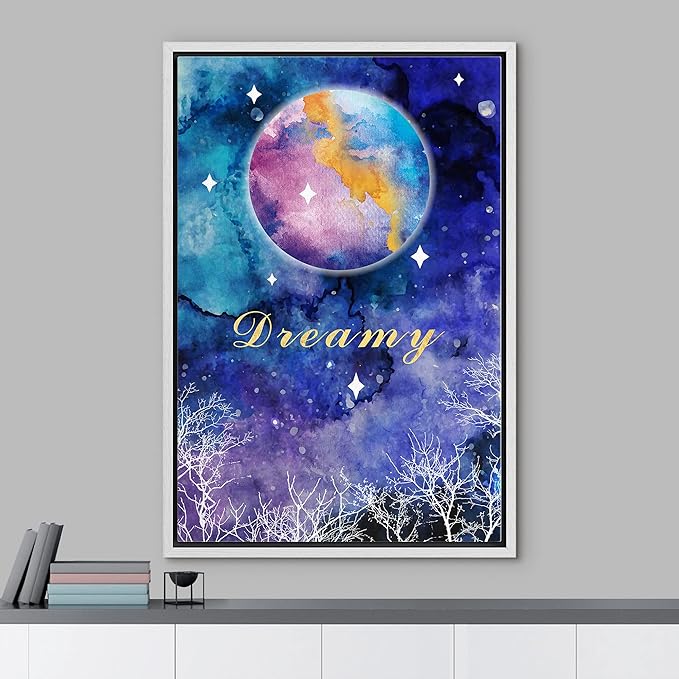 IDEA4WALL Framed Canvas Print Wall Art Dreamy Watercolor Galaxy with Star Covered Moon Astronomy & Space Sky Illustrations Modern Art Glam Colorful for Living Room, Bedroom, Office - 16"x24" WHITE
