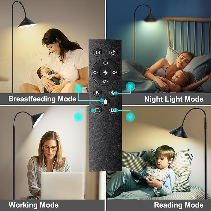 76" LED Floor Lamp, 18W/1800LM Super Bright Reading Standing Lamp,Stepless Dimmable&Adjustable Color Temperature 2700K-6500K w/Remote& Touch Control Lamps for Living Room Bedroom Office Black