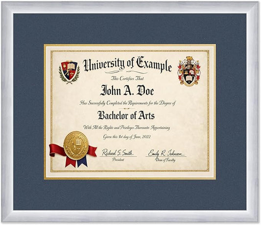 CountryArtHouse Diploma Frame Fits 14 x 11 College Diploma (Modern) - Keepsake Graduation Display Stainless Silver Genuine Hardwood with Navy Blue Over Metallic Gold Double mat