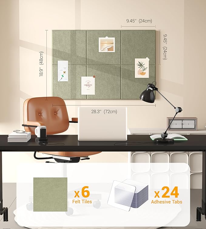 1/2" Thick Cork Board for Office, 6 Pack Felt Wall Tiles -28"x18" with Safe Adhesive Tabs, Large Bulletin Board, Push Pin Board Organizer Wall - Sage Green