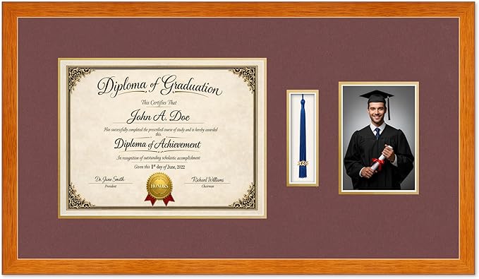 Diploma Tassel and Photo Frame Honey Oak Shadowbox Dark Red Over Gold Mat - Fits 13 x 10 Degree Picture Made in the USA