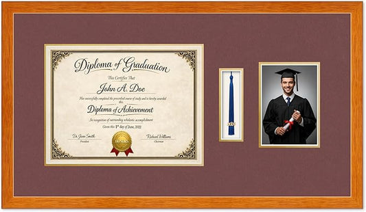 Diploma Tassel and Photo Frame Honey Oak Shadowbox Dark Red Over Gold Mat - Fits 13 x 10 Degree Picture Made in the USA