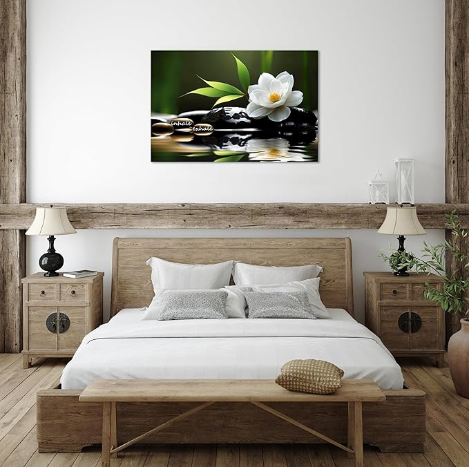 YIOZHAOFH Lotus Flower Wall Art Zen Canvas Inhale Exhale Poster Black Spas Nature Prints Pictures for Meditation Wall Decor Framed Artwork Ready to Hang (24.00" x 36.00")