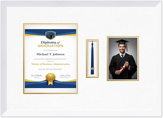 Diploma Tassel and Photo Frame Bright White Shadowbox Oyster Shell Over Gold Mat - Fits 8.5 x 11 Degree Picture Made in the USA
