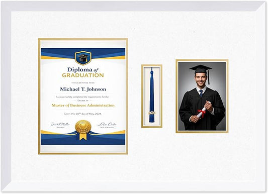 Diploma Tassel and Photo Frame Bright White Shadowbox Oyster Shell Over Gold Mat - Fits 8.5 x 11 Degree Picture Made in the USA