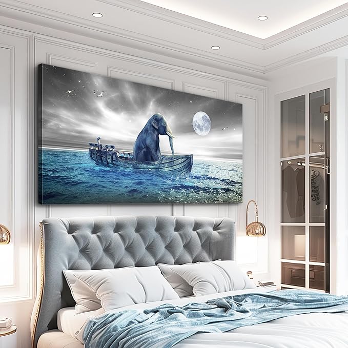 MHARTK66 Abstract Wall Art Large Size Elephant Artwork Wall Decor Stretched Canvas Painting Beach Picture for Living Room Bedroom Office Home Decor Ocean Seascape Poster Ready for Hanging 30"x60"