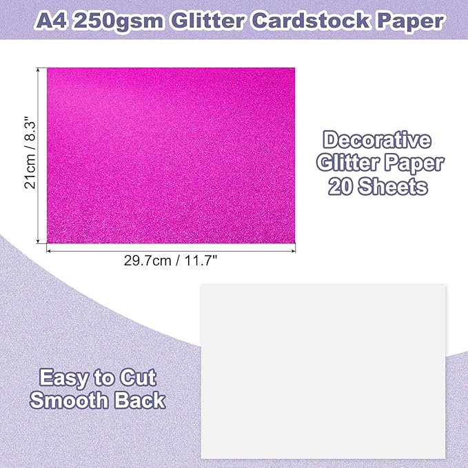 PATIKIL 20Sheets Hot Pink Glitter Cardstock, 8.3x11.7 in A4 Glitter Paper Card Stock Shiny Scrapbook 250gsm Sparkly Paper Large Shimmer for Crafts Scrapbook DIY Art Wedding Party