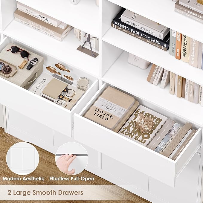 FINETONES 69" White Bookshelf with Doors, 47.2" Double Wide Bookshelves and Bookcases with Storage, Tall Bookshelf Large Open Book Shelf Standing Book Case for Home Office, White