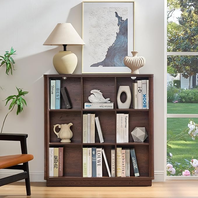 9 Cube Bookshelf, 40.5" Wide Organizer Bookcase with Curved Edge, Wood Floor Standing 3-Tier Cubby Book Shelf with Base, Vintage Display Storage Cabinet for Living Room, Home Office, Walnut