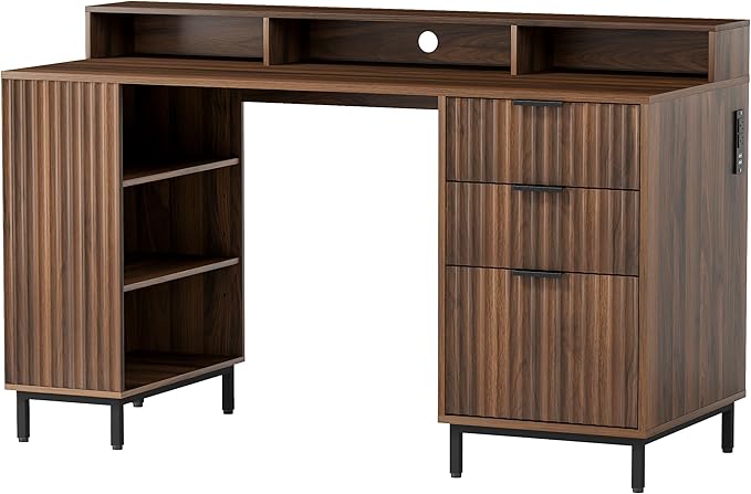 Brown Fluted Executive Desk with Storage Shelf & File Drawer, 55" Modern Wood Office Desk with Monitor Stand & Charging Station, Home Writing Computer Table for Work Study