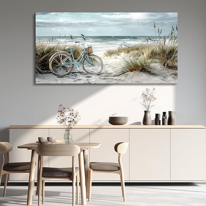 FUHAIHUA Large Wall Art For Bedroom Canvas Wall Decor For Living Room Office Decoration Blue Beach Bicycle Seascape Painting Ocean Landscape Wall Pictures Artwork Modern Home Decor Posters 30"X60"