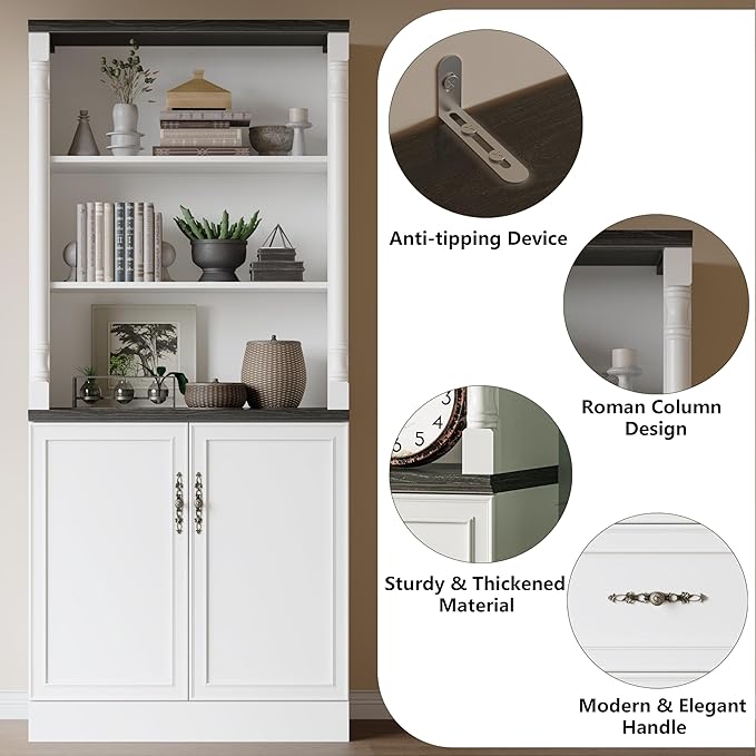 Bookshelf with Doors, 71" Tall Wood Book Shelf with Cabinet, 24" Wide Bookcase with Adjustable Shelf, Floor Standing Display Storage Cabinet for Home Office, Study and Living Room, Antique White