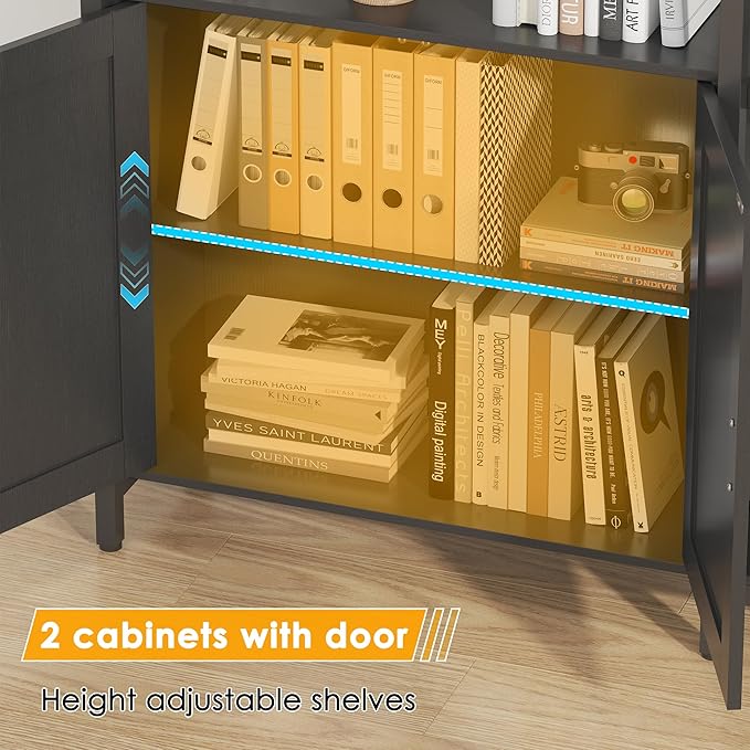 Semoic 6-tire Farmhouse Black Corner Book Shelf with 2 Barn Doors and 10 Storage Shelves, 71.3" Tall Convertible Etagere Bookcase with Storage Cabinet, Large L Shaped Bookshelf for Living Room(Black)