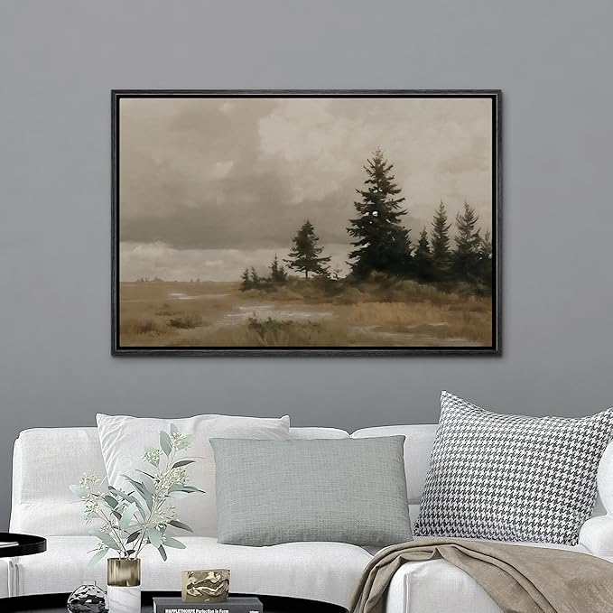 MUDECOR Framed Canvas Print Wall Art Tranquil Landscape with Evergreen Trees Muted Earth Tones Illustrations Minimalism Decorative Relax Colorful for Living Room, Bedroom, Office - 24"x36" BLACK
