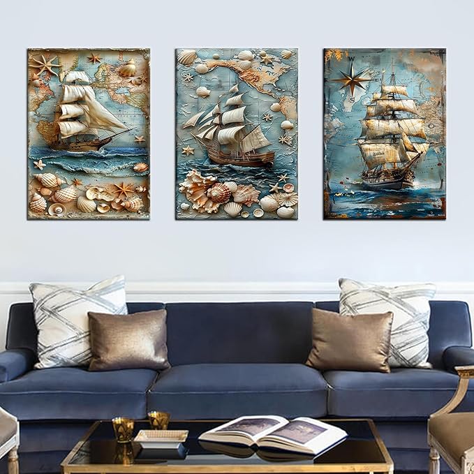 Abstract Sailboat Wall Art Seashell Starfish Map Poster Print on Wooden Canvas Blue Ocean Theme Picture Painting Wall Decor Artwork for Living Room Hotel Workplace Ready to Hang [60''Wx28''H]
