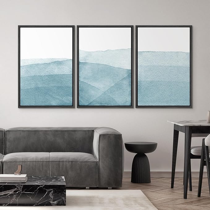 SIGNWIN 3 Piece Framed Canvas Wall Art Blue Wash Brushstroke Watercolor Nature Wilderness Illustrations Abstract Traditional Home Artwork Decoration for Living Room,Bedroom - 16"x24"x3 Black