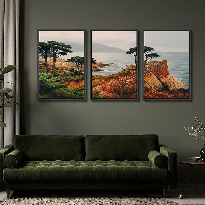 SIGNFORD Framed Wall Art Print Set Coastal Cypress and Rocky Shoreline Scenic Landscape Digital Art Modern Art Contemporary for Living Room, Bedroom, Office - 24"x36"x3 Black