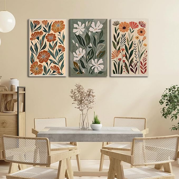 3pcs Abstract Boho Floral Canvas Wall Art Green Beige Flower Market Posters Prints Minimalist Colorful Botanical Wall Decor Pictures For Living Room Bedroom Office Home Decoration