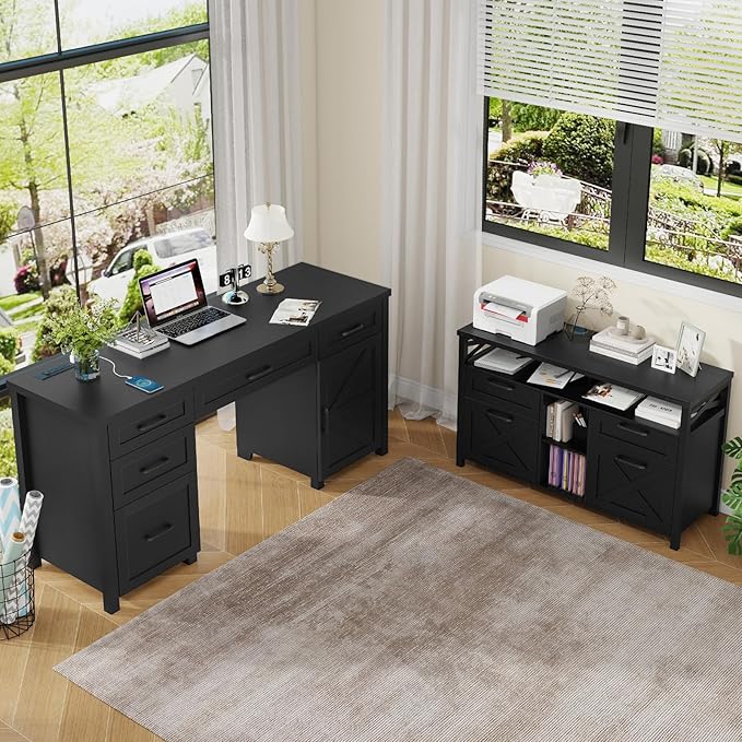 Farmhouse Filing Cabinet with Adjustable Shelf for Home Office, Lateral File Cabinets 4 Drawers with Open Storage Shelf, Filing Organization Storage Cabinets for Hanging Files Letter/A4.Pure Black