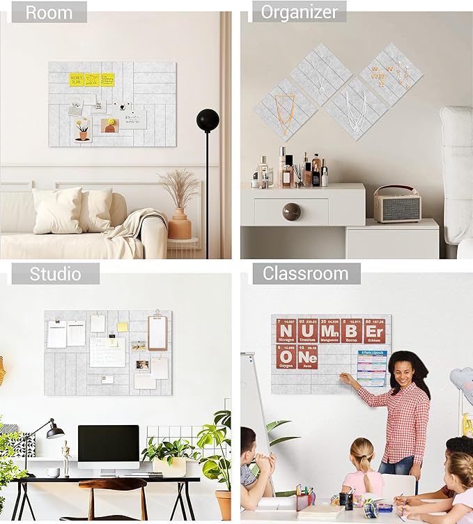 1/2" Thick Cork Board for Office, 6 Pack Felt Wall Tiles -28"x18" with Safe Adhesive Tabs, Large Bulletin Board, Push Pin Board Organizer Wall - Gray Marble