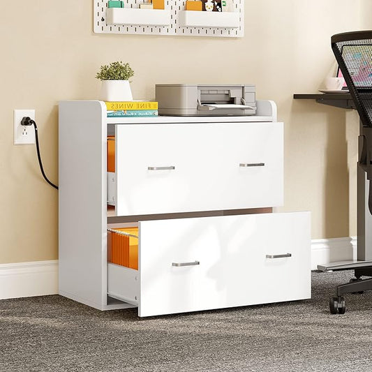 YITAHOME 2 Drawer File Cabinet with Charging Station, Lateral Filing Cabinet with Storage, Large Printer Stand for Home Office Living Room, White