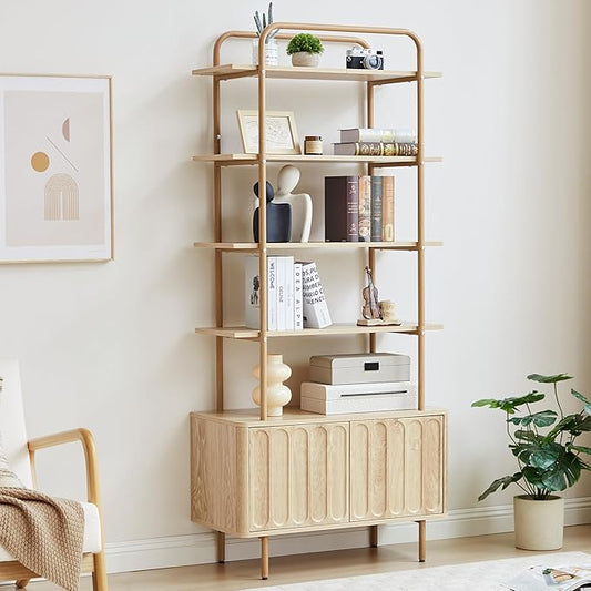 71" Tall Bookshelf with Door, 6-Tier Bookcase Modern Metal Book Shelf with Open Shelves & Adjustable Footpad Freestanding Storage Cabinet for Living Room, Home Office (Natural)