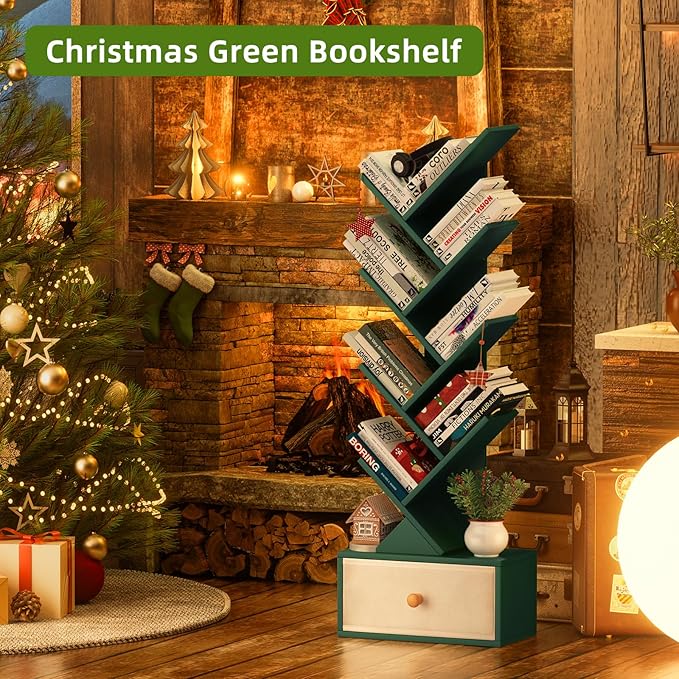 8 Tier Tree Bookshelf with Drawer, Free Standing Wood Green Bookcase for Narrow Space, Storage Organizer Bookshelves for Books, Book Case for Home Office, Living Room, Bedroom