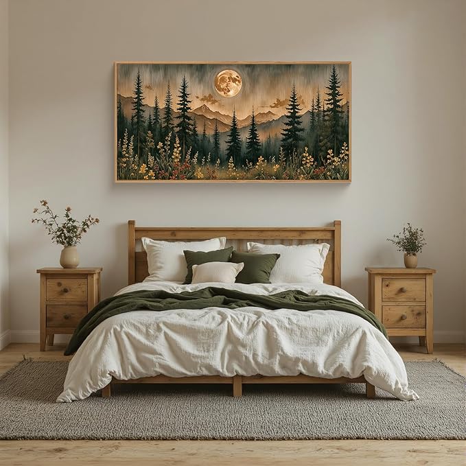HOURIA Vintage Boho Nature Moonlight Forest Mountain Framed Canvas Wall Art Set,Wilderness Dark Moon Woodland Floral Decor,Retro Wildflower Field Landscape Artwork for Living Room,Farmhouse- 20"x40"x1