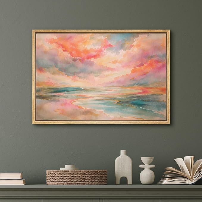 SIGNFORD Framed Canvas Print Wall Art Crimson Glow Over Sea and Sky Illustration Minimalism Decorative Colorful Mid-Century for Living Room, Bedroom, Office - 16"x24" NATURAL