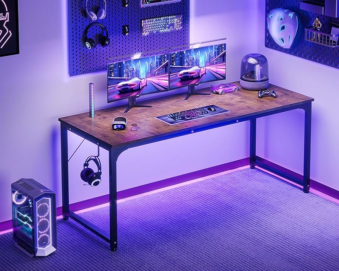 Casaottima 63 Inch Computer Desk for Home Office, Study Writing Table for Small Spaces, Simple Modern Desk with Headphone Hooks, Rustic Brown