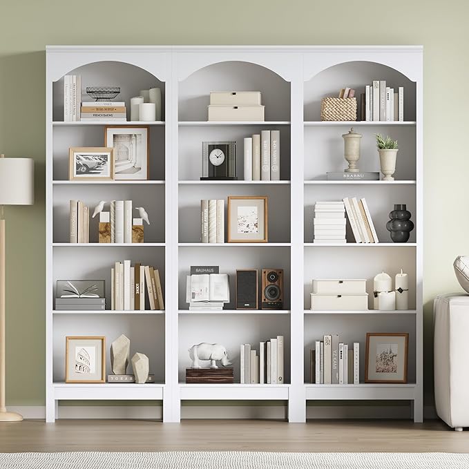 Arched Set of 2 Bookshelf with 5 Tier Open Shelves, 71" Tall Wood Bookcase with Adjustable Shelves, 24" Wide Floor Standing Display Storage Shelf for Home Office, Kitchen,Living Room, Modern White