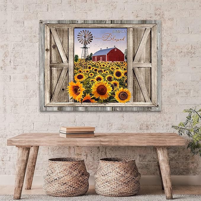 Parylore Sunflower Wall Art Canvas Print Rustic Wall Decor Sunflower Field Red Barn And Windmill Painting Framed Modern Artwork for Living Room Bedroom Bathroom Office Home Decor 16x20 In