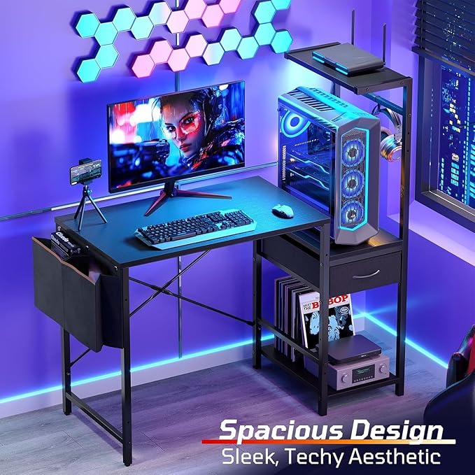 Bestier 44 Inch Gaming Desk for Small Spaces, Reversible Computer Desk with Drawers & Shelves, Modern Gamer Desk Table with Side Bag & Headphone Hook for Home Office, Black