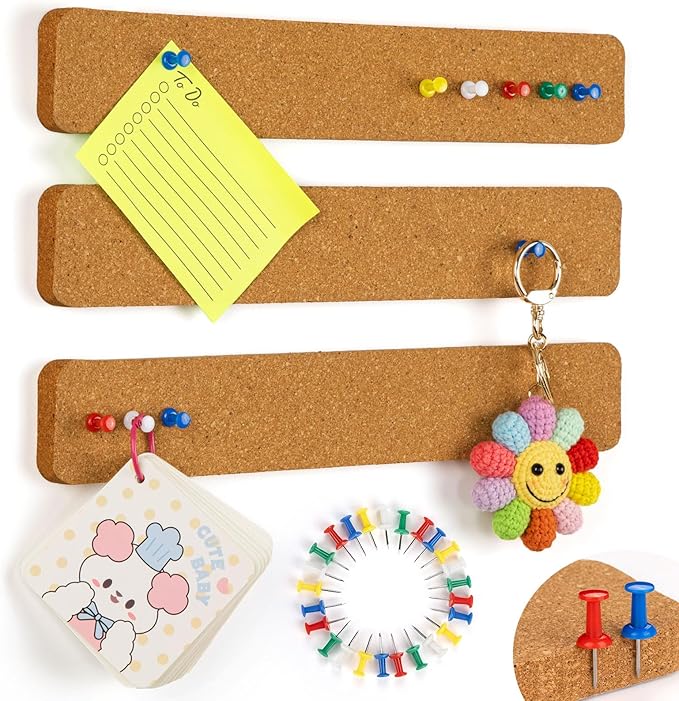 Cork Strips for Walls, 3Pcs Self Adhesive Cork Board for Office with 20 Pushpins for Paste Notes, Photos, Earrings, Necklaces, Mini Cork Board for Desk