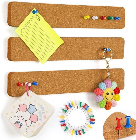 Cork Strips for Walls, 3Pcs Self Adhesive Cork Board for Office with 20 Pushpins for Paste Notes, Photos, Earrings, Necklaces, Mini Cork Board for Desk