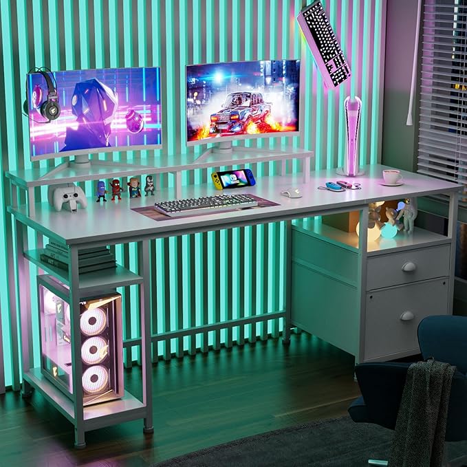 Furologee 61" Computer Desk with Fabric File Cabinet & Drawer, Reversible White Table with Storage Shelf, Office Desk with Long Monitor Stand, Writting Table Workstation, for Home/Office/White