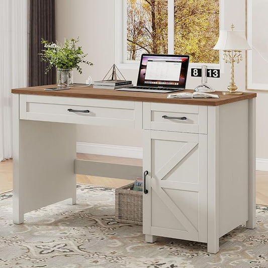Farmhouse 47" Executive Desk, Computer Desk with Drawers and Storage Cabinet, Workstation Computer Desk for Home Office and Study.(Unique White)
