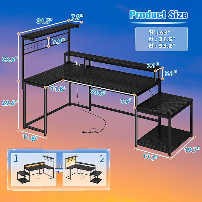 EnHomee 63" L Shaped Gaming Desk with LED Lights & Power Outlets,Reversible Corner Gaming Table with Storage Shelf & Hooks,Computer Desk with Monitor Stand & Print Stand for Bedroom,Home Office,Black
