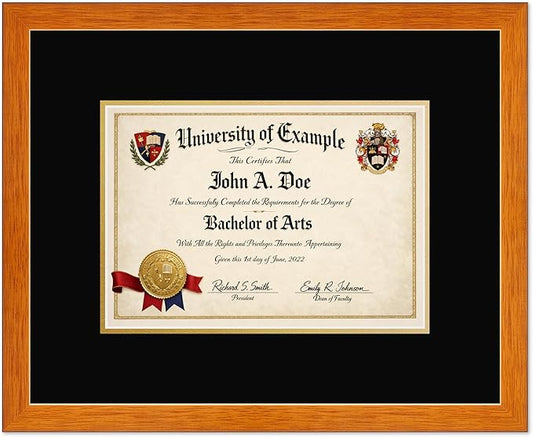 CountryArtHouse Diploma Frame Fits 11.69 x 8.27 A4 Certificate - Keepsake Graduation Display Honey Oak Genuine Hardwood with Black Over Metallic Gold Double mat