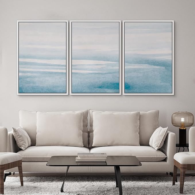 SIGNWIN 3 Piece Framed Canvas Wall Art Blue Sky Watercolor Nature Wilderness Illustrations Abstract Traditional Relax/Calm Home Artwork Decoration for Living Room,Bedroom - 24"x36"x3 White