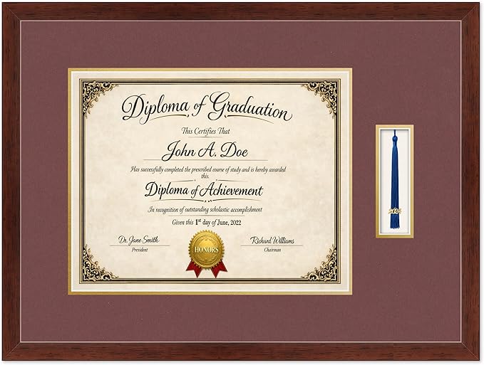 Diploma Frame with Tassel Holder Rustic Walnut Shadowbox Dark Red Over Gold Mat - Fits 15 x 12 Degree Made in the USA