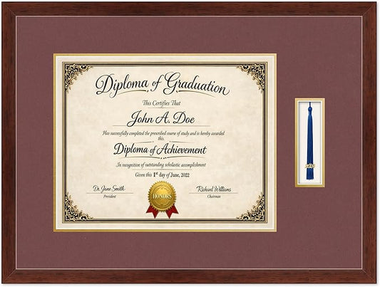 Diploma Frame with Tassel Holder Rustic Walnut Shadowbox Dark Red Over Gold Mat - Fits 15 x 12 Degree Made in the USA