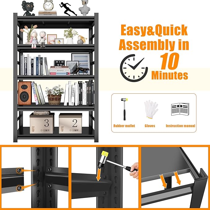 Book Shelf, Screwless Installation Metal Bookshelves, Heavy Duty Steel Bookcases, Adjustable Tall Industrial Bookshelf for Living Room, Bedroom and Library, Black (5-Tier With Fence 72''Hx36''Wx16''D)