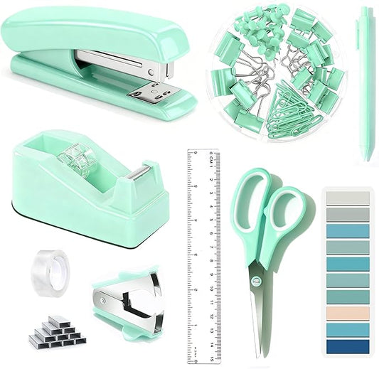Green Office Supplies, Teal Desk Accessories Accessories with Tape Dispenser, Stapler, Staple Remover, 1000 Staples, Tape, Clips Set, Ruler, Scissor, Pen