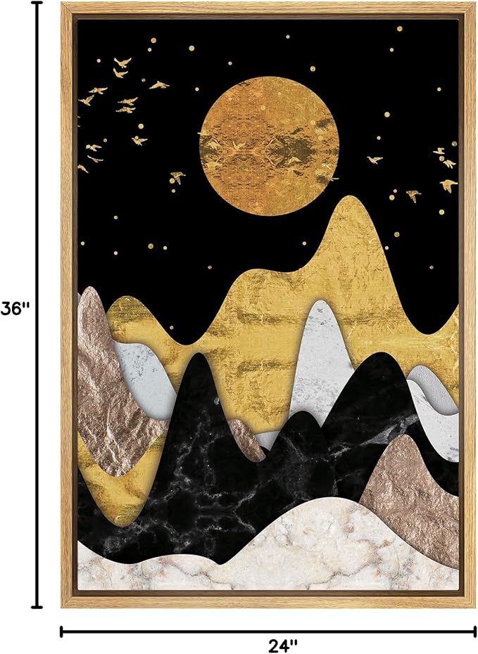 SIGNFORD Framed Canvas Print Wall Art Golden Moon with Birds Above Wavy Mountains Abstract Wilderness Illustrations Modern Art Contemporary Scenic for Living Room, Bedroom, Office - 24"x36" Natural