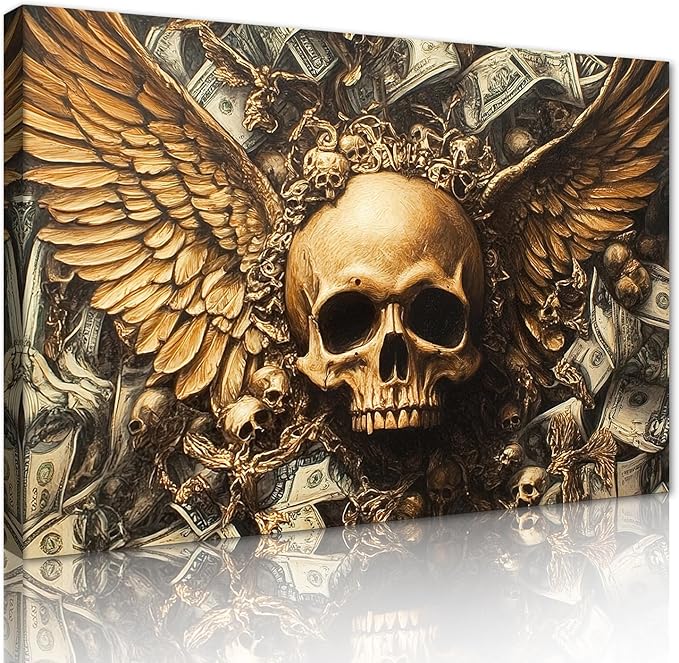 Money Wall Art Skull Stacked Dollar Posters Wall Decor Wealth and Death Concept Canvas Artwork Suitable for Gothic Style Home Living Room Bedroom Ready to Hang 24x36inch
