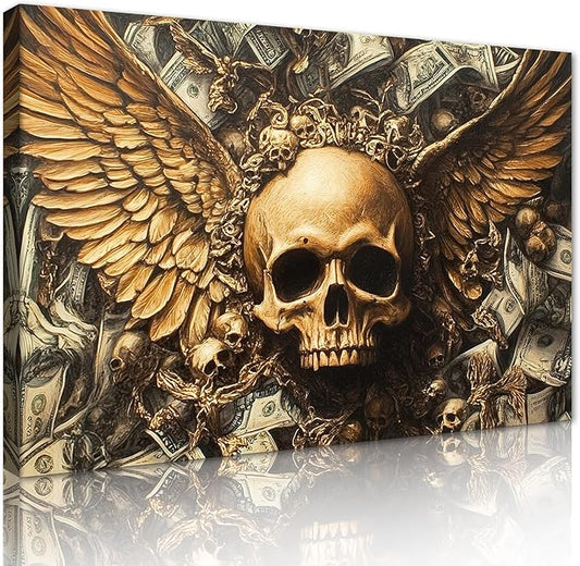 Money Wall Art Skull Stacked Dollar Posters Wall Decor Wealth and Death Concept Canvas Artwork Suitable for Gothic Style Home Living Room Bedroom Ready to Hang 24x36inch