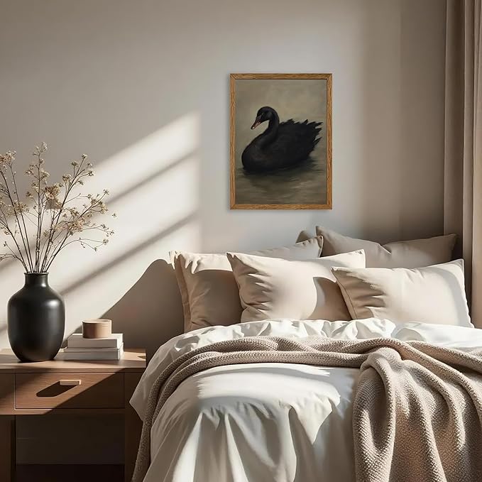 AVECCO Framed Vintage Gothic Black Swan Canvas Wall Art, Rustic Farmhouse Wall Decor, Unique Animal Art Prints for Kid's Room Bathroom Bedroom Living Room Office Home Decoration Ready to Hang 12x16 In