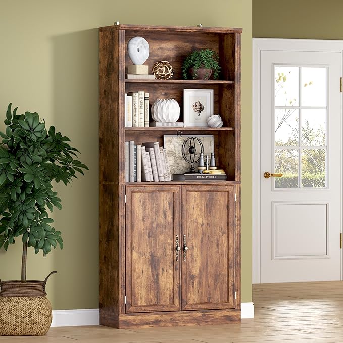 70.1" Tall Bookshelf with Cabinet, 5-Tier Floor Standing Bookcase with Doors & Adjustable Shelves, 31.5" Wide Storage Shelf, Metal Handles, Modern Organizer for Home Office, Living Room